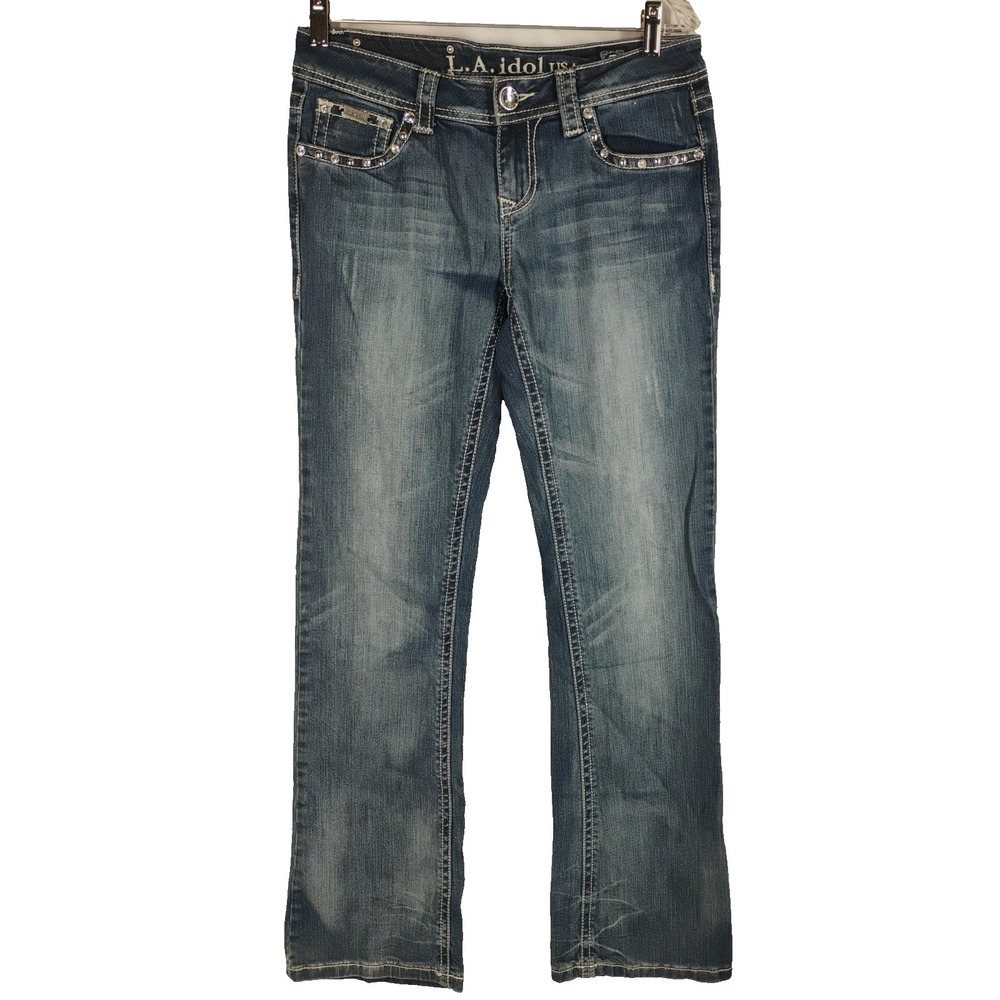 LA Idol Womens Juniors Sz 7 (30x34) Embellished Straight‎ Leg Denim Blue Jeans